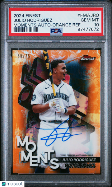 2024 Topps Finest Finest Moments Autographs Julio Rodriguez #FMAJRO Orange Ref /25 PSA 10