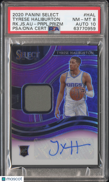 2020 Panini Select Rookie Jersey Autographs Tyrese Haliburton #HAL RK. JS. Au Prpl. Prizm PSA 8 Auto 10