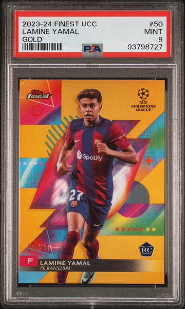2023-24 TOPPS FINEST UEFA UCC LAMINE YAMAL #/50 GOLD #50 RC ROOKIE PSA 9