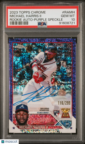 2023 Topps Chrome Rookie Autograph Michael Harris II #RAMH Purple Speckle Ref /299 PSA 10