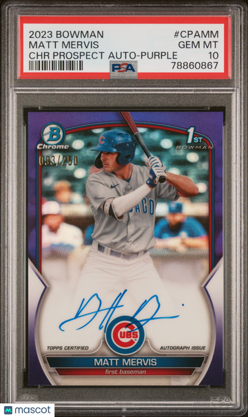 2023 Bowman Chrome Prospect Autographs Matt Mervis #CPAMM Purple Ref /250 PSA 10