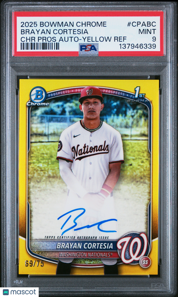 2025 Bowman Chrome Prospect Autographs Brayan Cortesia #CPABC Yellow Ref /75 Rookie PSA 9