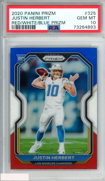 2020 PANINI PRIZM JUSTIN HERBERT #325 RED WHITE BLUE PRIZM ROOKIE RC PSA 10