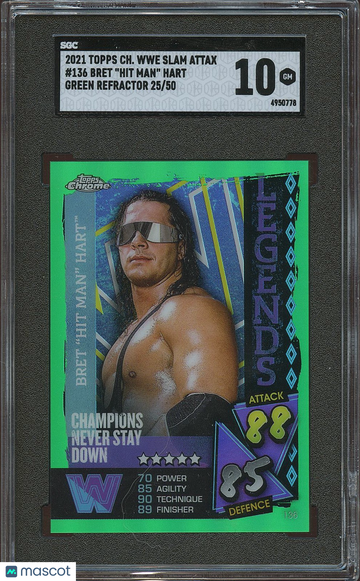 2021 Topps Chrome Wwe Slam Attax Bret Hart Bret "Hit Man" Hart #136 Green Refractor 50 SGC 10