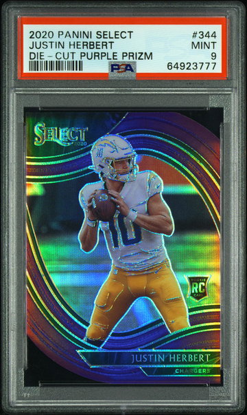 2020 Panini Select Field Level Purple Die Cut Prizm Justin Herbert #344 PSA 9