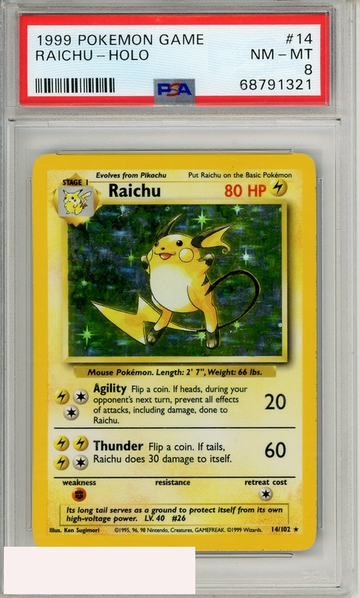 1999 POKEMON GAME RAICHU-HOLO #14 PSA 8 NM-MT