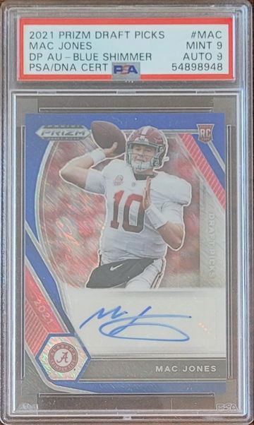2021 Panini Prizm D.P. Mac Jones Blue Shimmer Auto /13 PSA 9/9