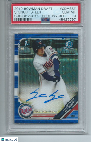 2019 Bowman Draft Chrome Draft Picks Autograph Spencer Steer #CDASST CHR. DP Blue WV. Refractor PSA 10