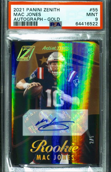 2021 PANINI ZENITH MAC JONES GOLD ROOKIE AUTO 2/5 Patriots PSA 9 Mint Pop 1 SSP Artists Proof