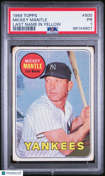 1969 Topps Mickey Mantle #500 Last Name In Yellow PSA 1