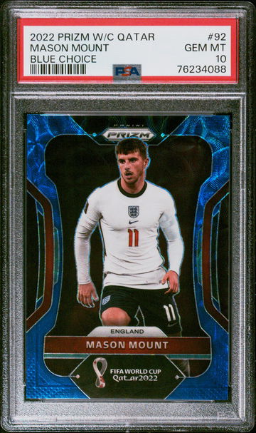 2022 PANINI MASON MOUNT PRIZM WORLD CUP QATAR BLUE CHOICE #92 PSA 10