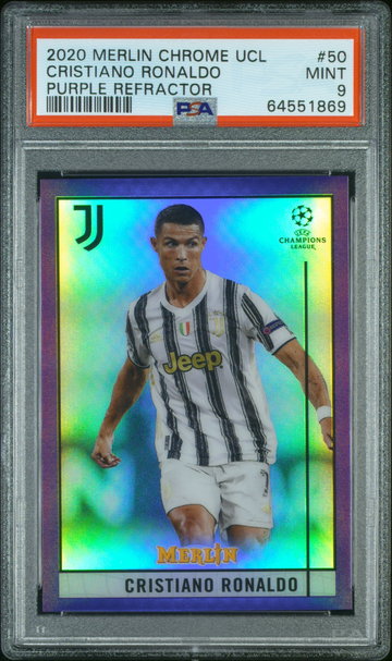 2020 Topps Merlin Chrome UEFA Champions League Purple Refractor Cristiano Ronaldo #50 /299 PSA 9