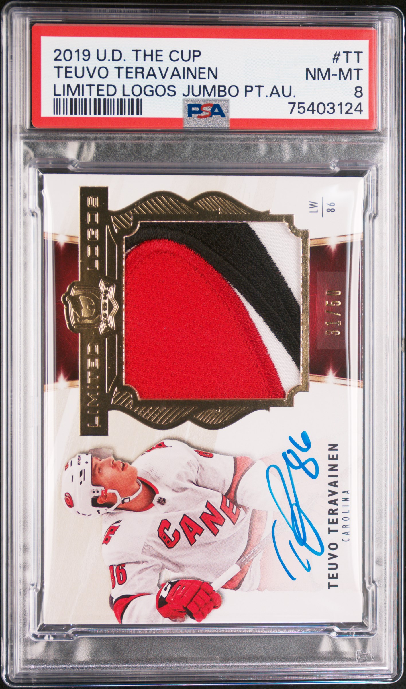 2019 Upper Deck The Cup Limited Logos Jumbo Patch Auto Teuvo Teravainen  PSA 8