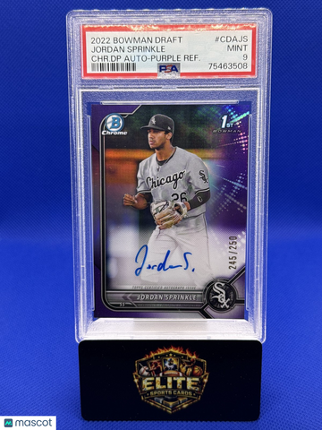 2022 Bowman Draft Jordan Sprinkle #CDA-JS Chrome Draft Pick Autographs Purple SN AU PSA 9