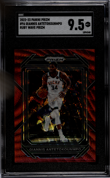 2022-23 Panini Prizm #96 Giannis Antetokounmpo Ruby Wave Prizm SGC 9.5
