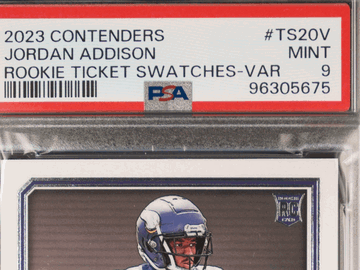 2023 Panini Contenders Rookie Ticket Swatches Jordan Addison #TS20V Rookie Ticket Swatches-Var Rookie PSA 9