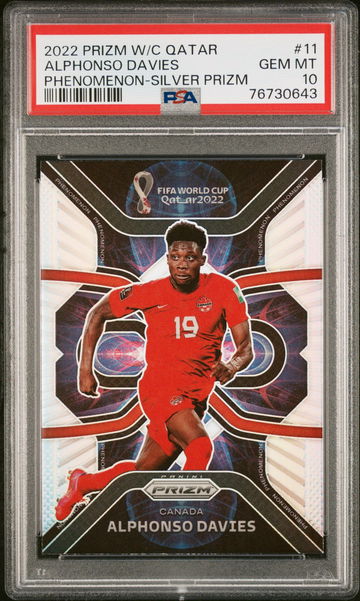 2022 PANINI PRIZM WORLD CUP ALPHONSO DAVIES PHENOMENON SILVER PRIZM #11 PSA 10
