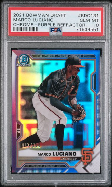 2021 TOPPS BOWMAN DRAFT MARCO LUCIANO CHROME PURPLE REFRACTOR SP /250 #BDC131 PSA 10