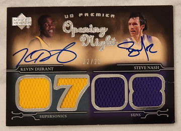 2007-08 UD Premier Opening Night Kevin Durant RC RPA Steve Nash Dual WORN Jersey ON CARD DUAL AUTO /25