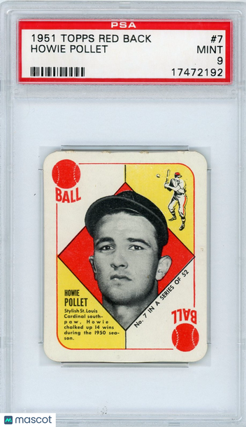 1951 Topps Red Back Howie Pollet #7 PSA 9