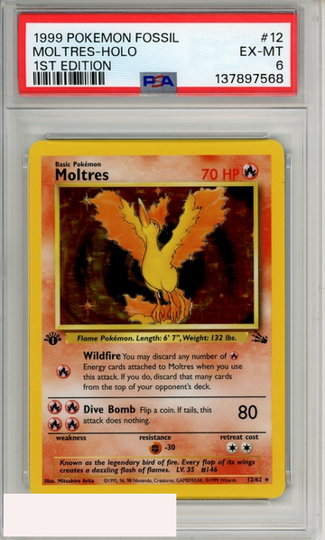 1999 POKEMON FOSSIL MOLTRES-HOLO #12 1ST EDITION PSA 6 EX-MT
