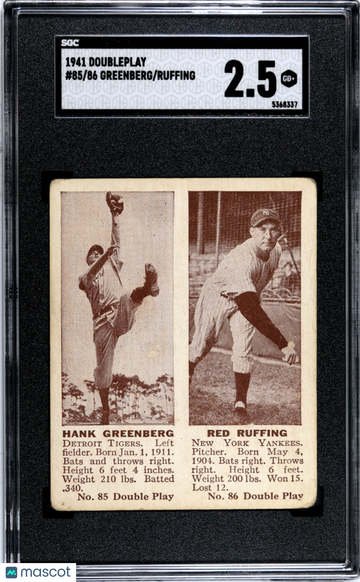 1941 Doubleplay Greenberg Ruffing #85/86 SGC 2.5