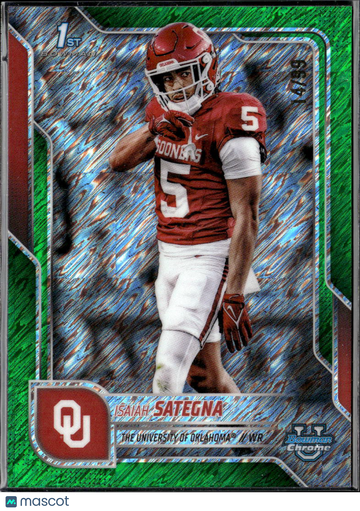 Isaiah Sategna 2025 Topps Bowman Chrome University Green Shimmer Refractor /99 Oklahoma Sooners