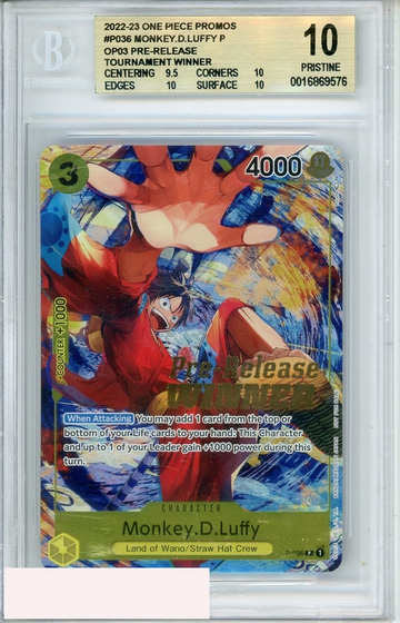 2022-23 ONE PIECE PROMOS #P036 MNKEY D LUFFY P TOURNEY WINNER BGS 10