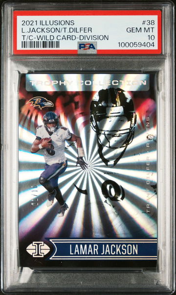 2021 Panini Illusions #38 Lamar Jackson/Trent Dilfer Trophy Collection-Wild Card-Division PSA 10