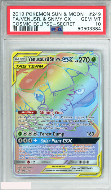 2019 POKEMON SUN MOON VENUSAUR SNIVY GX #249 COSMIC ECLIPSE-SECRET-FA PSA 10