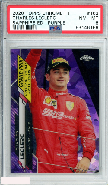 2020 TOPPS CHROME F1 CHARLES LECLERC #163 SAPPHIRE ED-PURPLE 1 OF 10 POP 3 PSA 8