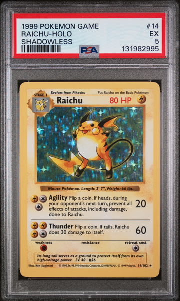 1999 Pokemon Base Set Shadowless Holo Raichu #14 PSA 5