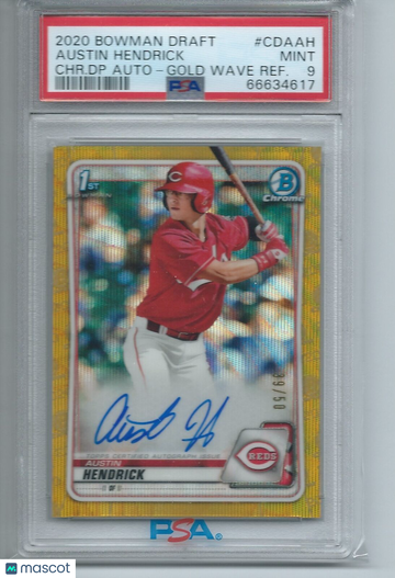 2020 Bowman Draft Chrome Draft Picks Autographs Austin Hendrick #CDAAH CHR. DP Gold Wave Refractor PSA 9