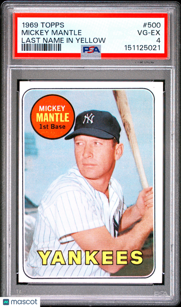 1969 Topps Mickey Mantle #500 Last Name In Yellow HOF PSA 4