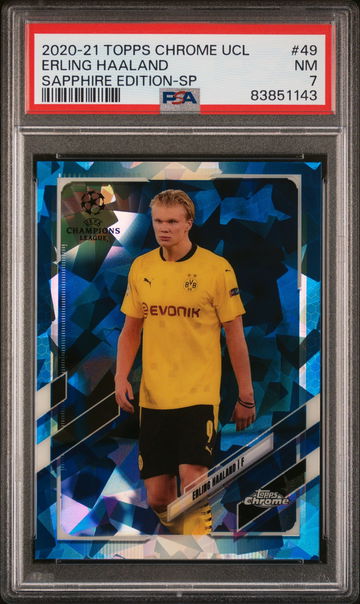 2020 TOPPS CHROME UEFA CHAMPIONS LEAGUE SAPPHIRE ERLING HAALAND SP #49 PSA 7