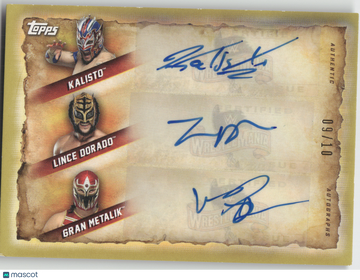2020 Topps WWE WrestleMania Kalisto Lince Dorado Gran Metalik #TA-LP Gold /10 Triple Autograph Card