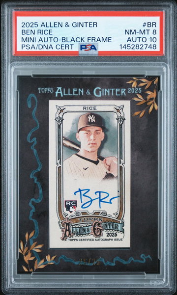 2025 Topps Allen & Ginter Mini Baseball Autographs Black Frame Ben Rice #BR 25/25 PSA 8