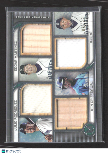 2023 Topps Museum Collection Primary Pieces Quad Relics Ken Griffey Jr. Julio Rodriguez Ichiro Edgar Martinez #PPQR-RMGI