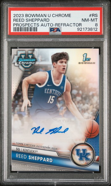 2023 Bowman University Chrome Bowman Chrome Prospects Autographs Refractor Reed Sheppard #RS /250 PSA 8
