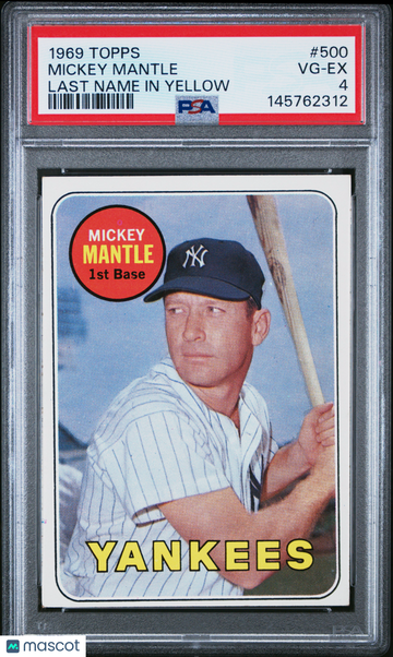 1969 Topps Mickey Mantle #500 Last Name In Yellow PSA 4