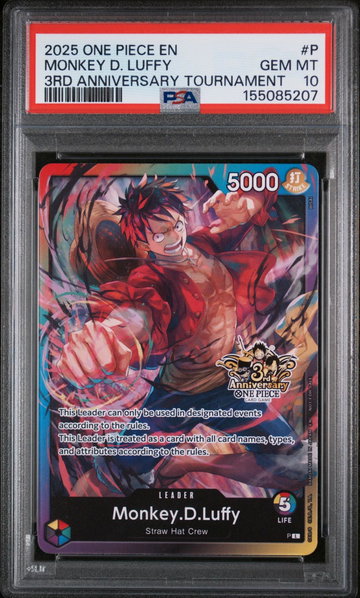 2025 One Piece Tournament Promo 3rd Anniversary 3 Brothers Pack Leader Monkey D. Luffy #P PSA 10
