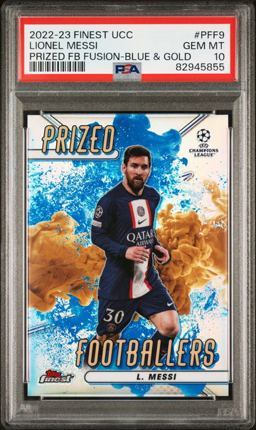 2022-23 TOPPS FINEST UEFA UCL LIONEL MESSI BLUE & GOLD FUSION #PFF9 PSA 10