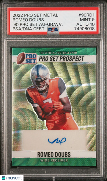 2022 Pro Set Metal Romeo Doubs #90-RD1 Green Wave PSA 9 Leaf Auto 10