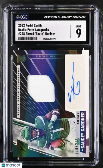 2022 Panini Zenith Ahmad "Sauce" Gardner #228 Rookie Patch Autographs CGC 9