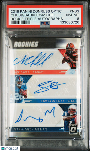 2018 Panini Donruss Optic Saquon Barkley Nick Chubb Sony Michel #NSS Rookie Triple Autograph /15 Short Print Parallel/Va