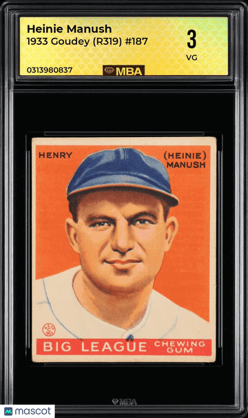 1933 Goudey (R319) Heinie Manush #187 Henry (Heinie) Manush MBA 3