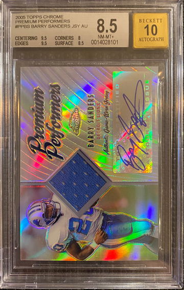 2005 Topps Chrome Premium Performers #PPBS Barry Sanders JSY AU 21/40 BGS 8.5/10