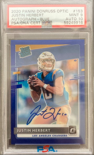2020 Panini Donruss Optic Justin Herbert Blue PSA 9 Auto 10