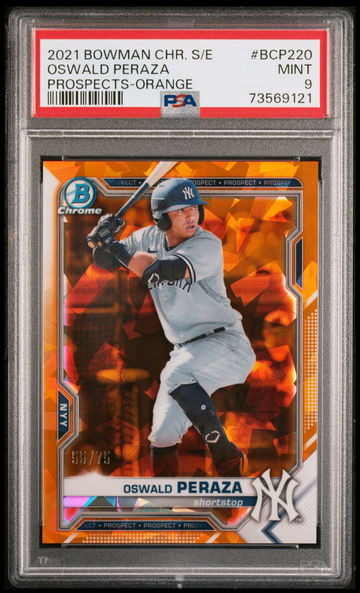 2021 Oswald Peraza 2021 Bowman Chrome Prospects Sapphire Edition Orange /75 PSA 9