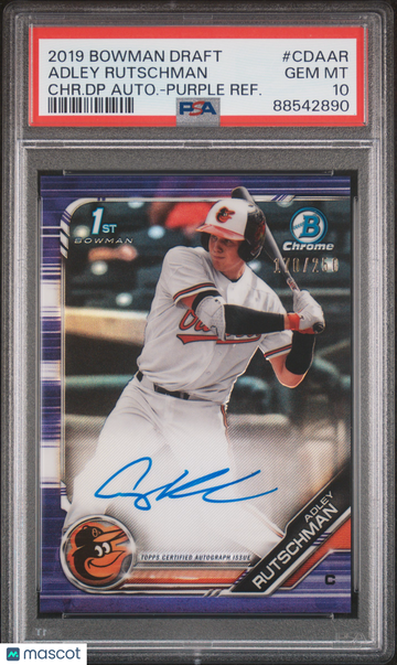 2019 Bowman Draft Chrome Draft Picks Autograph Adley Rutschman #CDAAR CHR. DP Autograph Purple Refractor /250 PSA 10